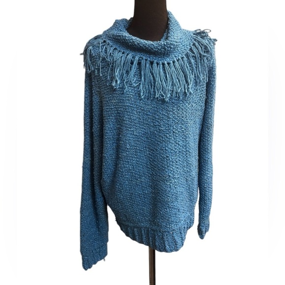 Sweaters - PURE SILK Hand Knitted Blue Cowl Neck Sweater Fringe Detail Small Luxury EUC